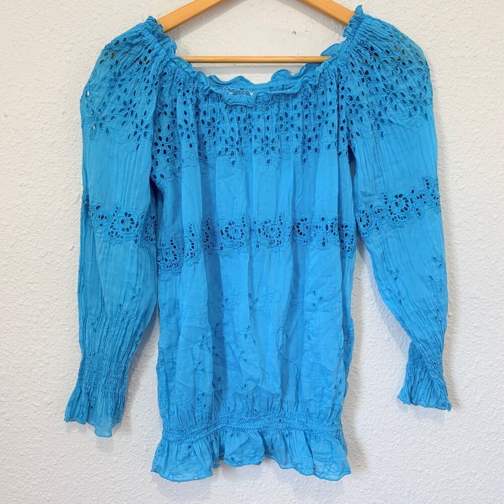 Temptation Positano Boho Eyelet Blouse Blue Turquoise Resort Hippie Vacation